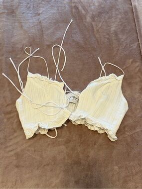 Princess Polly Cream Ribbed Lace-Trim Crop Top